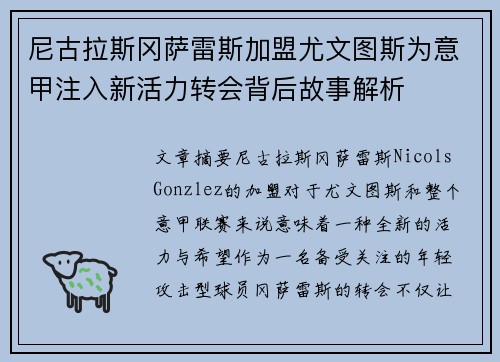 尼古拉斯冈萨雷斯加盟尤文图斯为意甲注入新活力转会背后故事解析